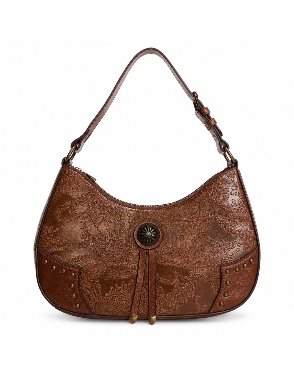 Rein & Bridle Women’s Shoulder Bag Brown Embossed Western Concho Boho Purse